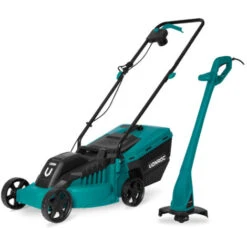 VONROC Set Tosaerba-Tagliaerba Elettrico 1300W. Larghezza Di Taglio:32cm. Altezza Di Taglio Regolabile: 30, 50 O 70 Mm + Decespugliatore 300W, Ø230mm Diametro Di Taglio