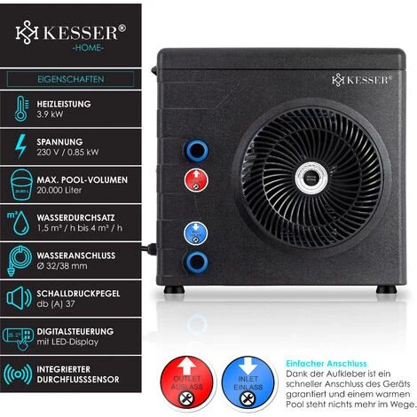 KESSER® Pompa Di Calore Per Piscine Piscine Fino A 20.000 L Di Capacità D'acqua, Riscaldamento Piscina Potenza Termica 3,9 KW, Tensione Di Esercizio 220V Attacco Acqua Ø 32/38 Mm Sensore Di Flusso Int 2 KESSER® Pompa Di Calore Per Piscine Piscine Fino A 20.000 L Di Capacità D'acqua, Riscaldamento Piscina Potenza Termica 3,9 KW, Tensione Di Esercizio 220V Attacco Acqua Ø 32/38 Mm Sensore Di Flusso Int - immagine 2