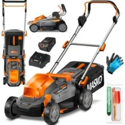 MASKO® Tosaerba A Batteria ECO-X10 Con Batterie 2X Batteria Agli Ioni Di Litio 4 Ah E Doppio Caricatore – Tagliaerba Larghezza Di Taglio, Regolazione Dell'altezza Di Taglio Da 25 A 75 Mm Schwarz / Or